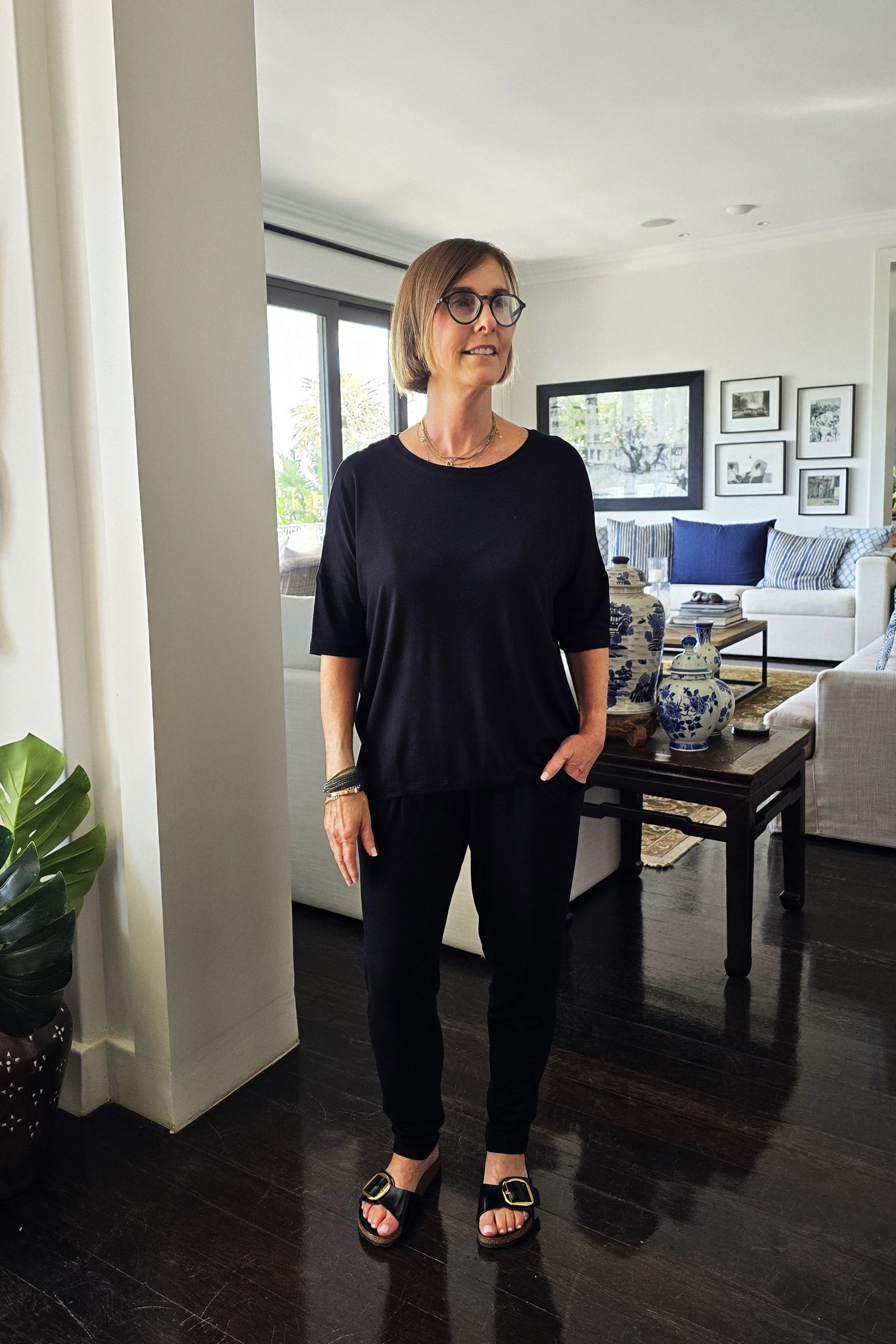 Chloe - Classic Long Line Tee with Back Seam, Black