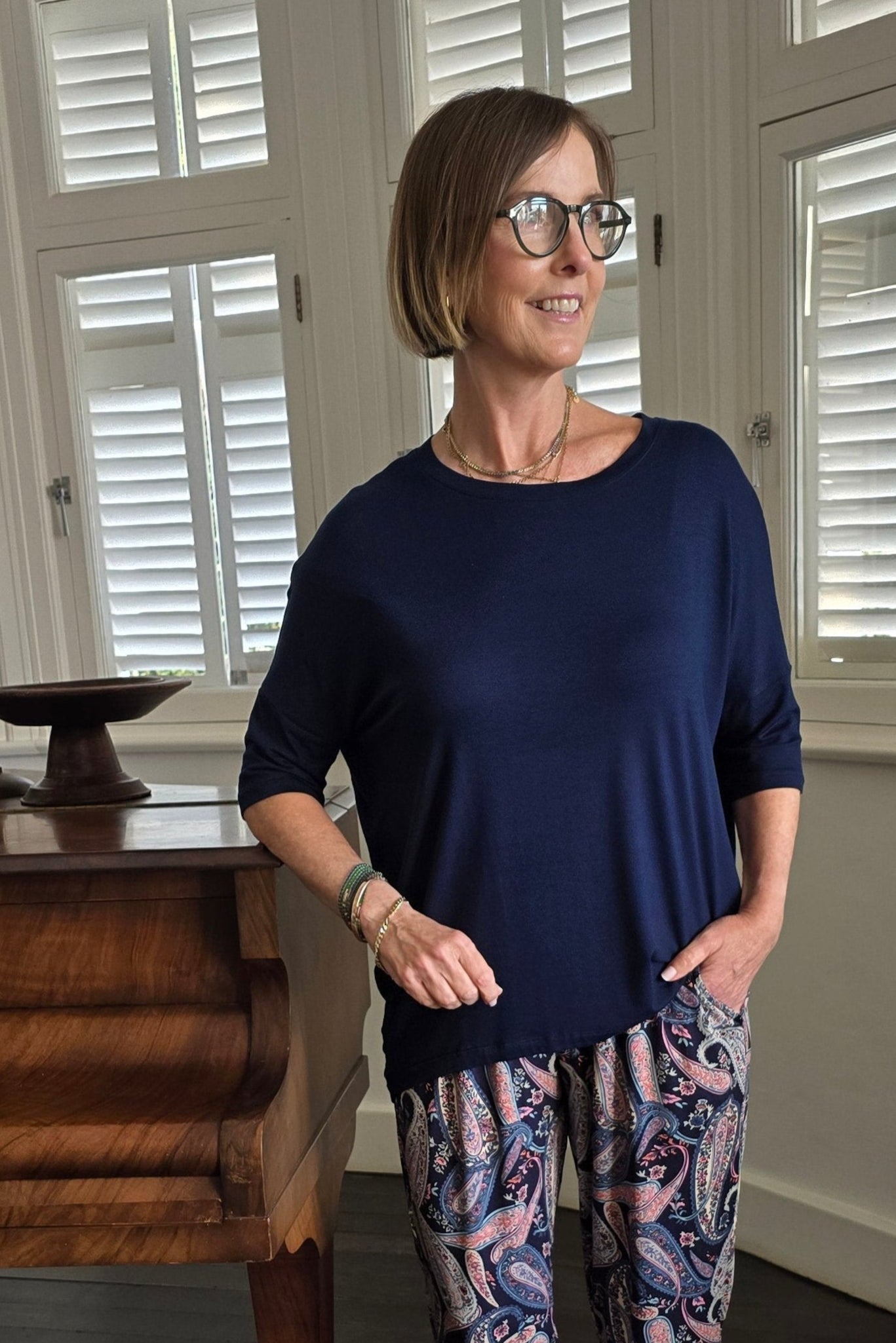 Chloe - Classic Long Line Tee with Back Seam, Navy