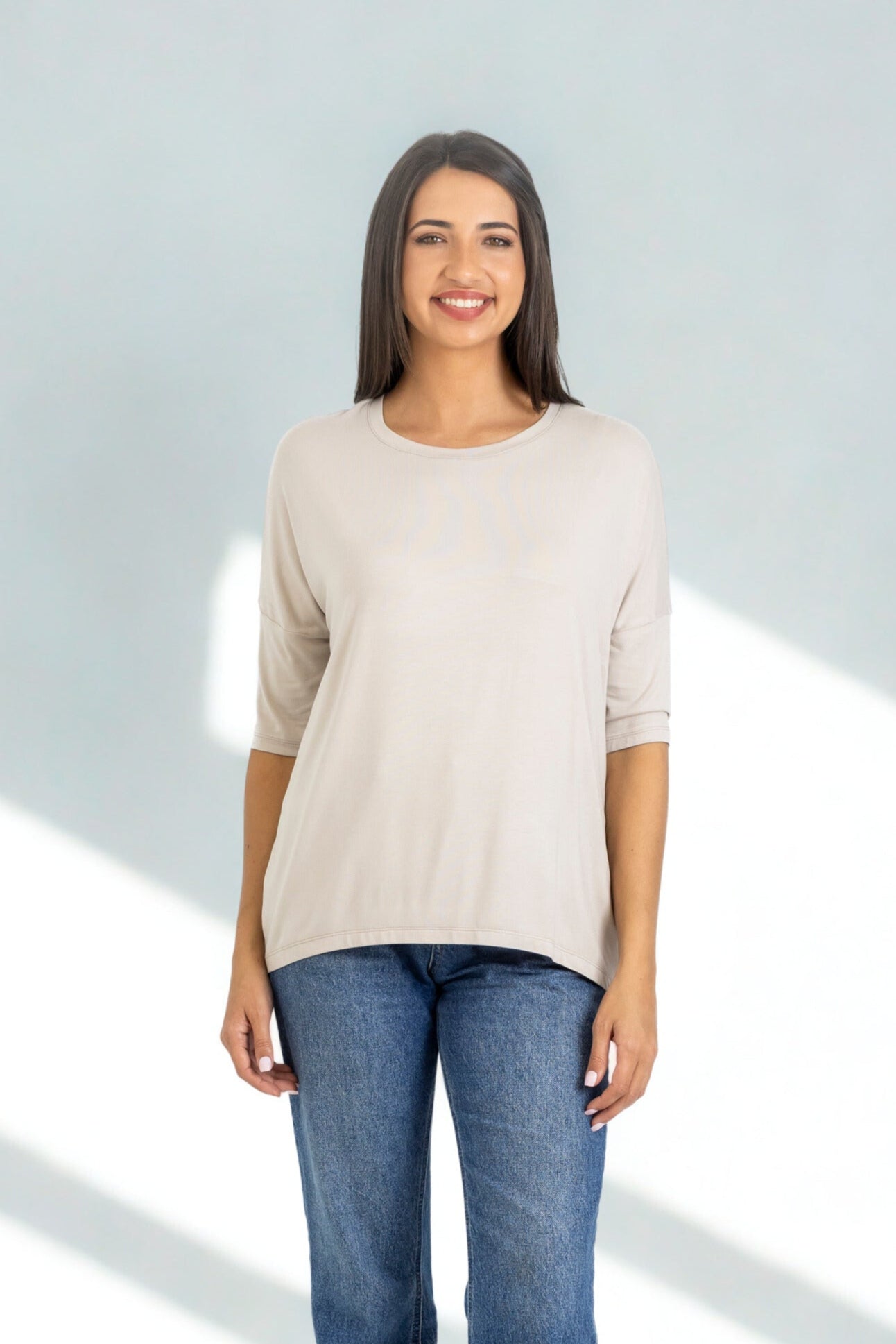 Chloe - Classic Long Line Tee with Back Seam, Stone