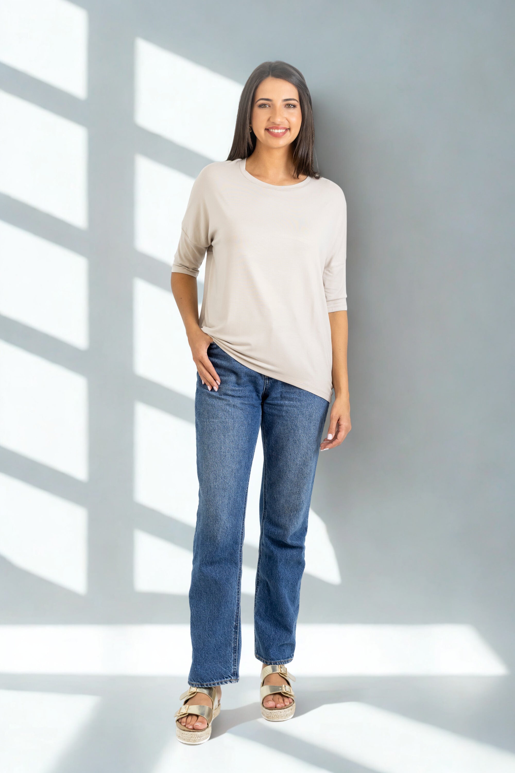 Chloe - Classic Long Line Tee with Back Seam, Stone