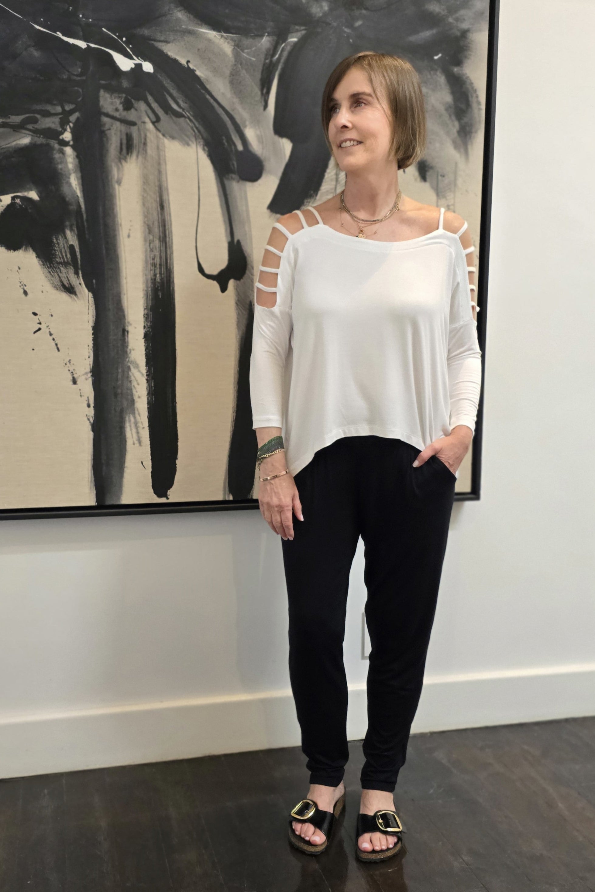 Freda - Multi Slat Sleeve Tee, White