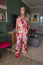 Load image into Gallery viewer, Demi - One Shoulder Satin Jumpsuit, Ruby Petal Print
