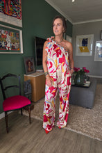 Load image into Gallery viewer, Demi - One Shoulder Satin Jumpsuit, Ruby Petal Print
