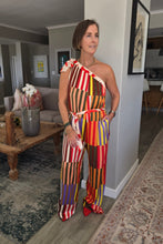 Load image into Gallery viewer, Demi - One Shoulder Satin Jumpsuit, Kaleidoscope Stripes
