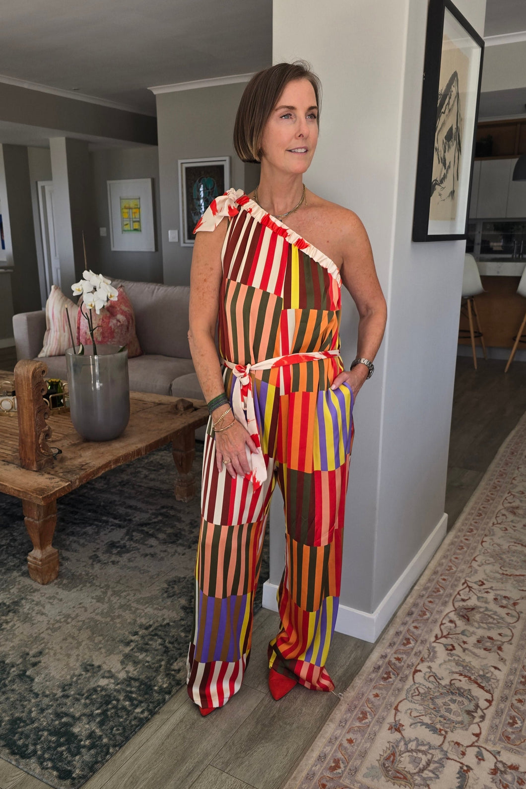 Demi - One Shoulder Satin Jumpsuit, Kaleidoscope Stripes