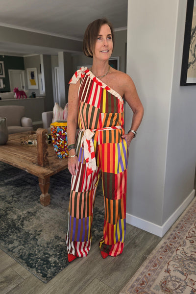 Demi - One Shoulder Satin Jumpsuit, Kaleidoscope Stripes