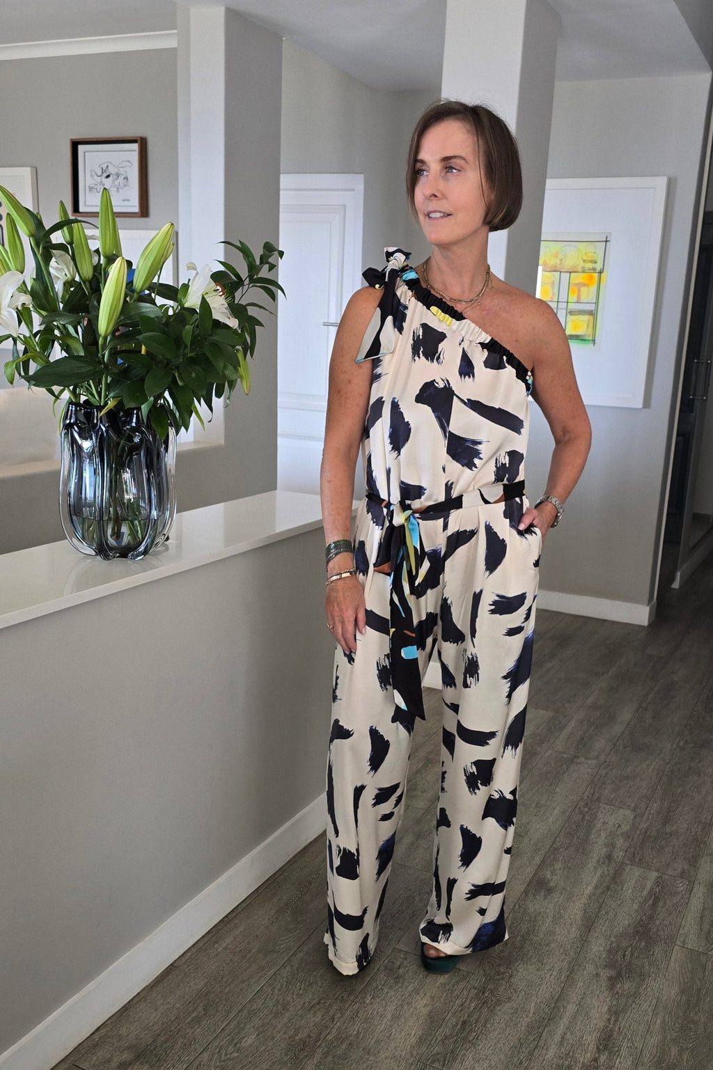 Demi - One Shoulder Satin Jumpsuit, Navy Brush Strokes