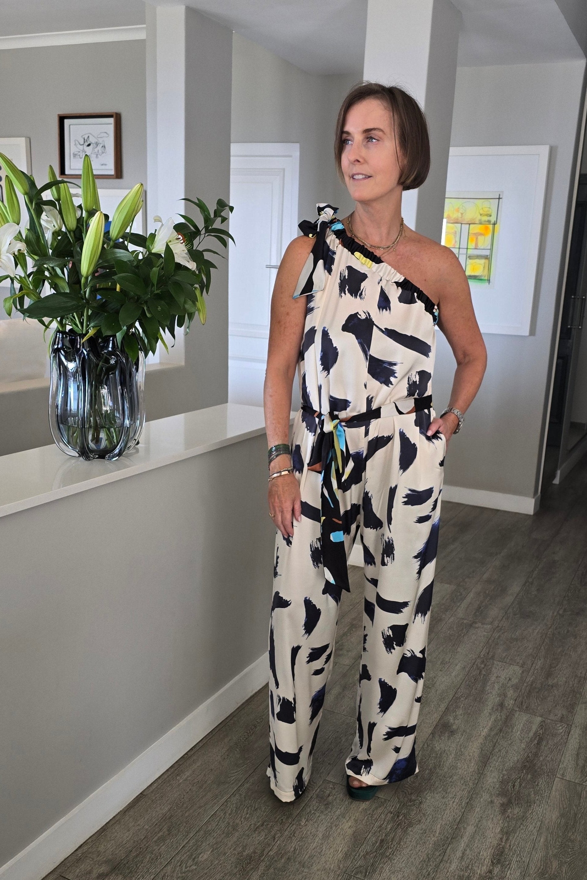Demi - One Shoulder Satin Jumpsuit, Navy Brush Strokes