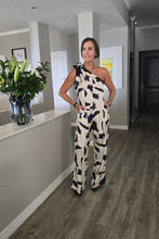 Load image into Gallery viewer, Demi - One Shoulder Satin Jumpsuit, Navy Brush Strokes
