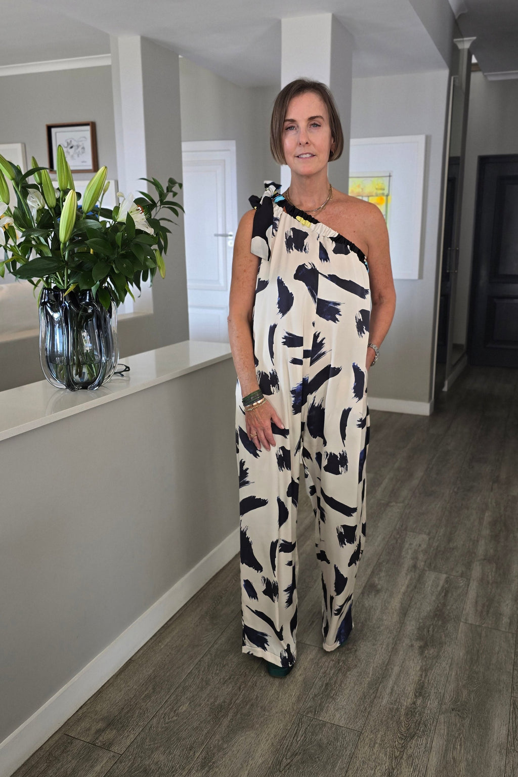 Demi - One Shoulder Satin Jumpsuit, Navy Brush Strokes