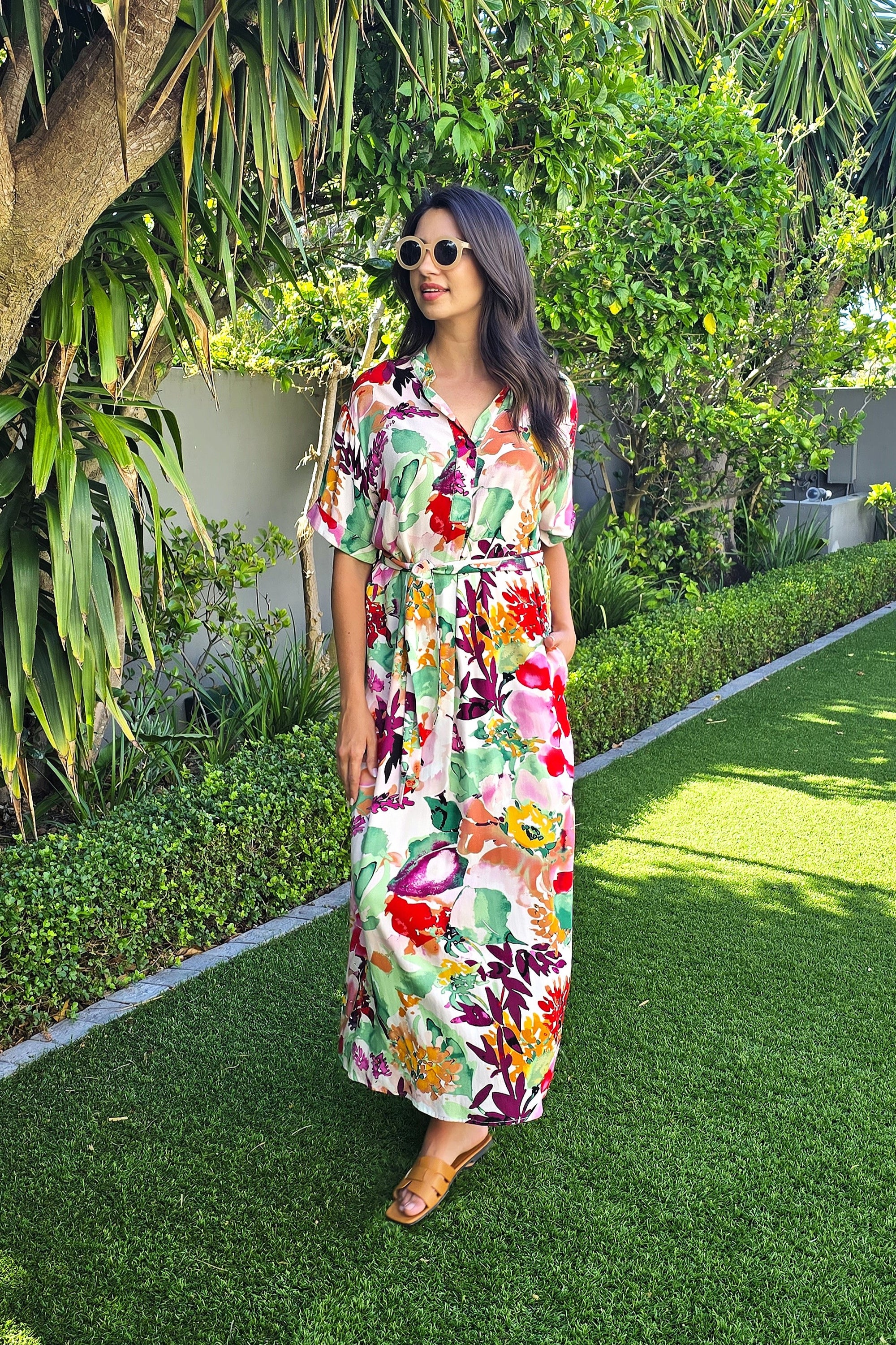 Jan - Resort Dress with Belt & Pockets, Garden Breeze