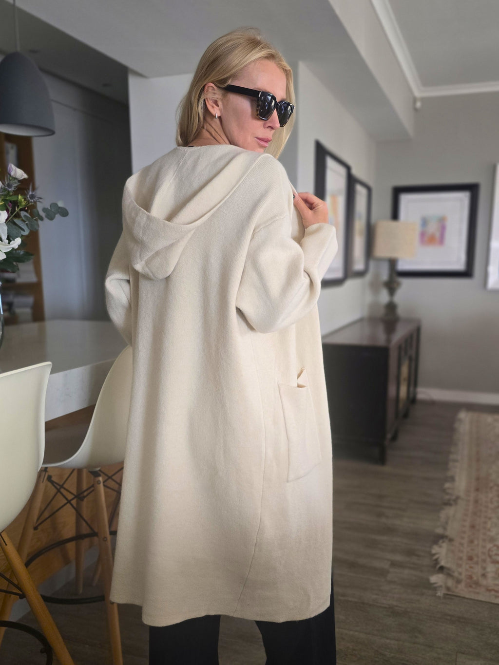 Cadiz - Long Hoody Cardi with Pockets, Cream