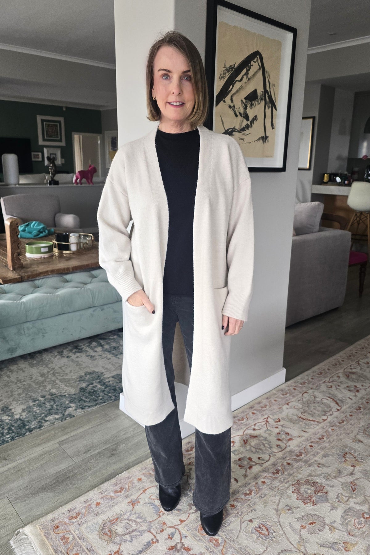 Bilbao - Long Cardi with Inverted Pockets, Milk