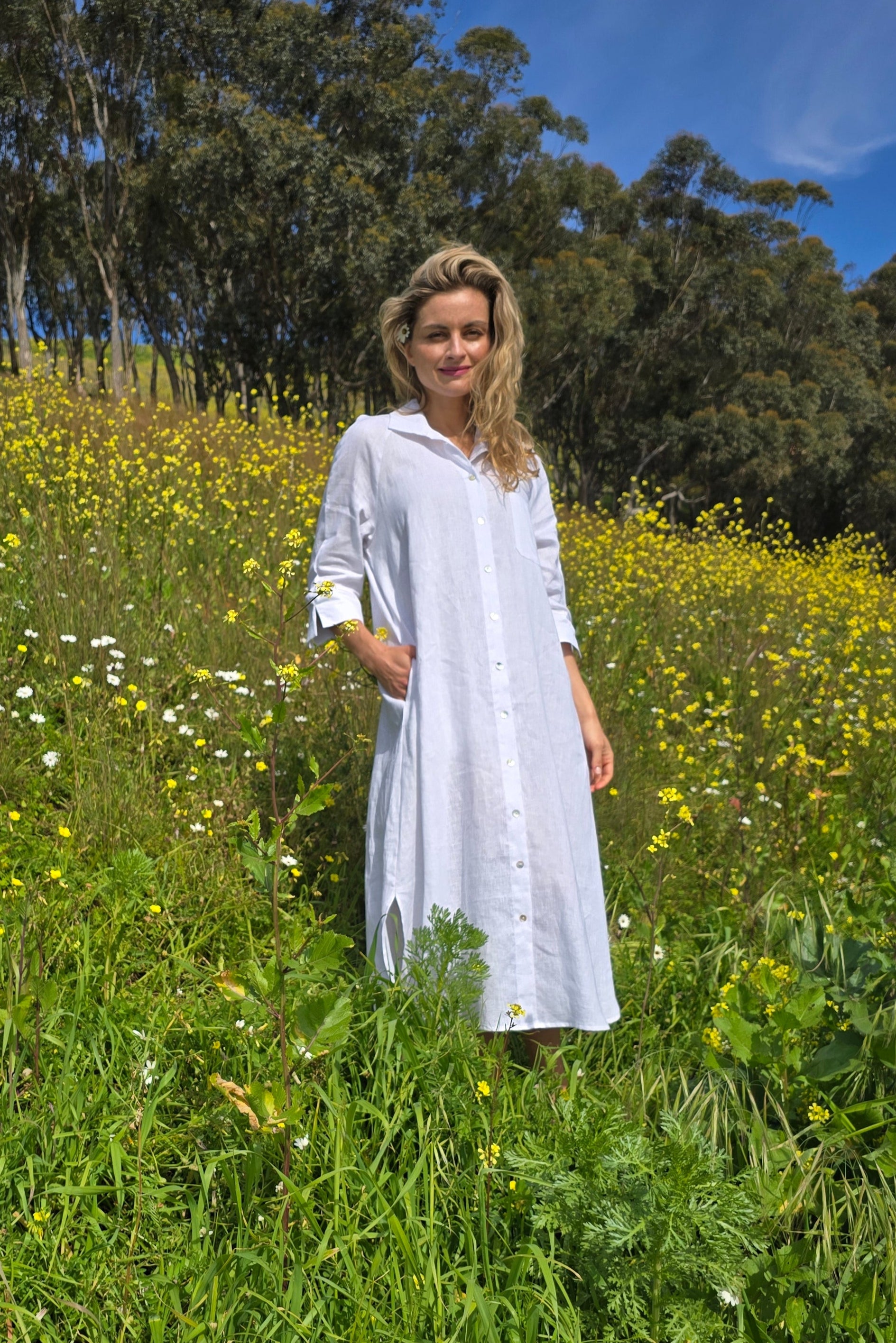 Giselle - Flax Linen Shirt Dress, White
