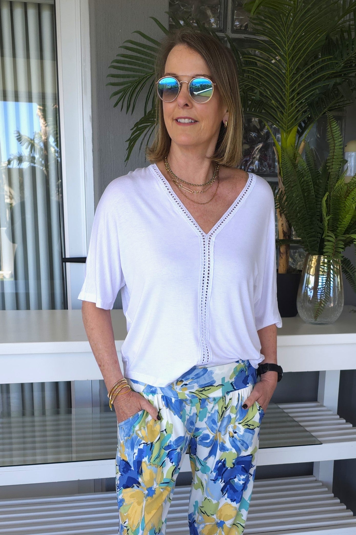 Eva - V Neck with Ladder Lace, White