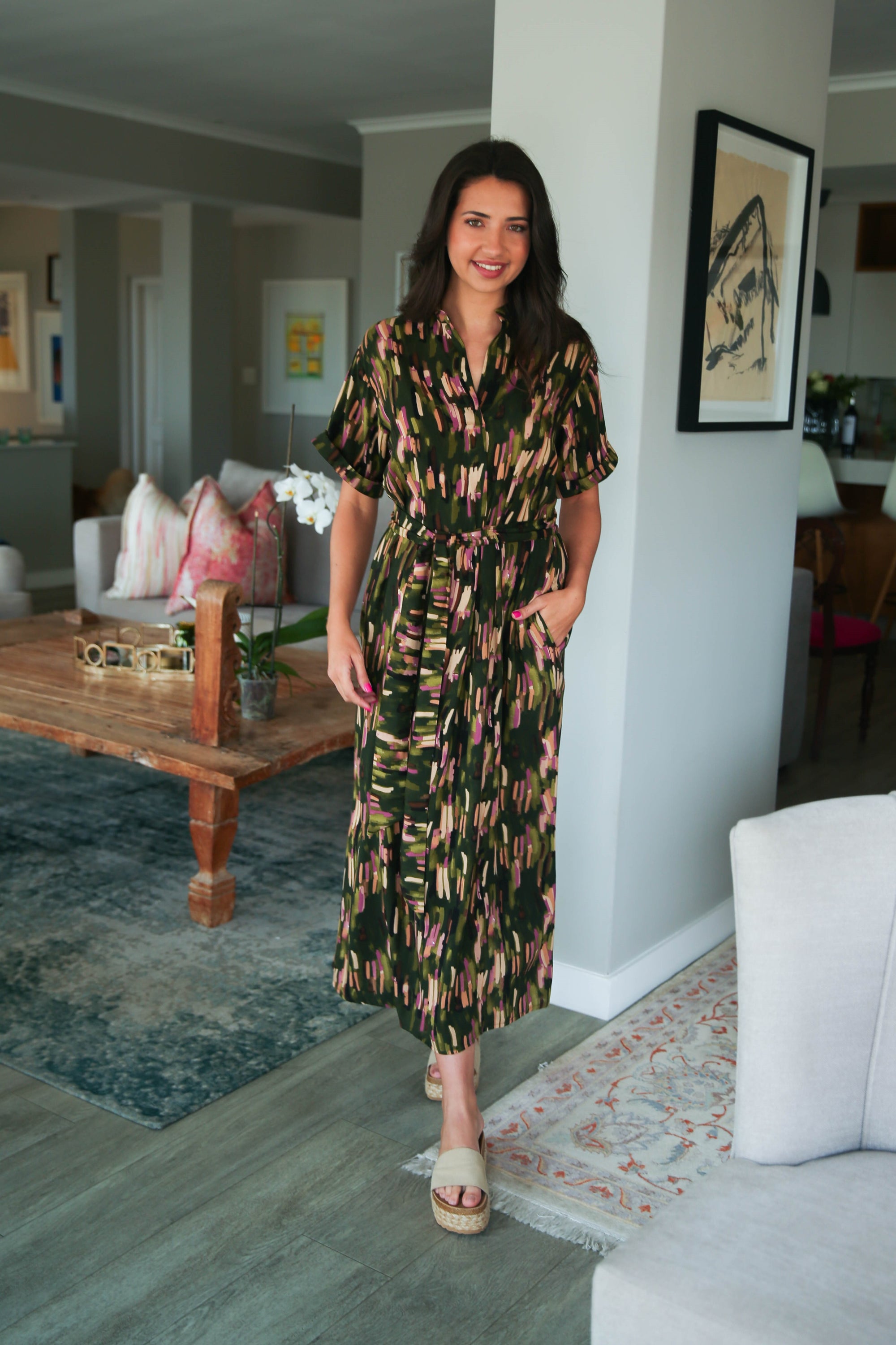 Jan - Resort Dress with Belt, Brush Strokes
