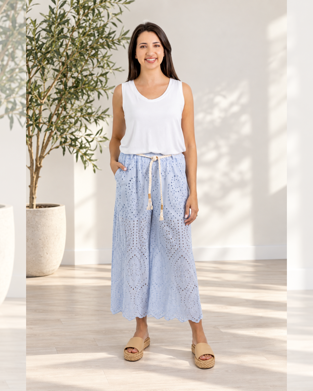 Imported Sky Blue Anglaise Capri Pants with drawcord