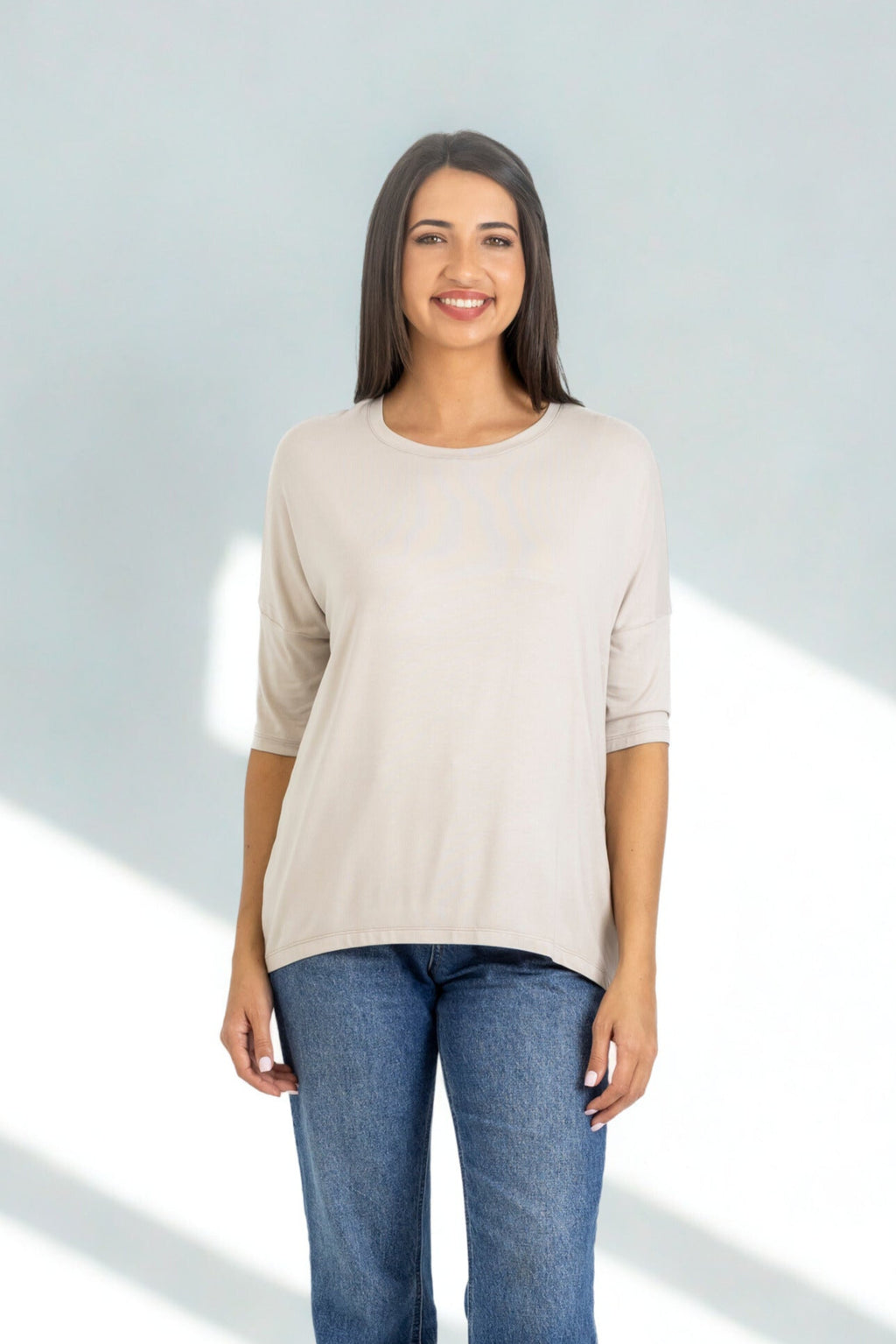 Chloe - Classic Long Line Tee with Back Seam, Stone