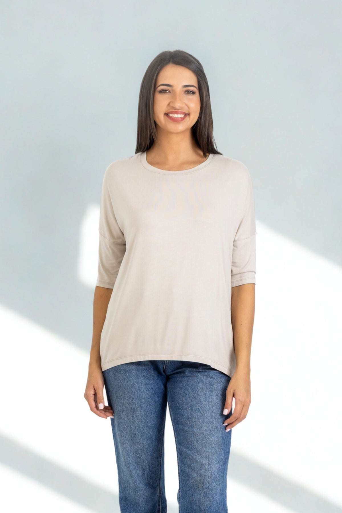 Chloe - Classic Long Line Tee with Back Seam, Stone
