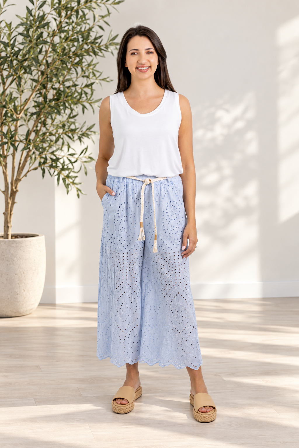 Imported Sky Blue Anglaise Capri Pants with drawcord