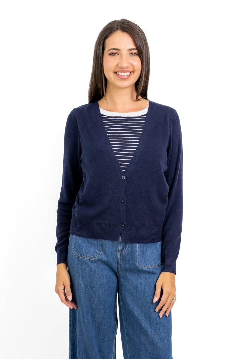 Carson - Navy Mock Cardi with Stripe Inset