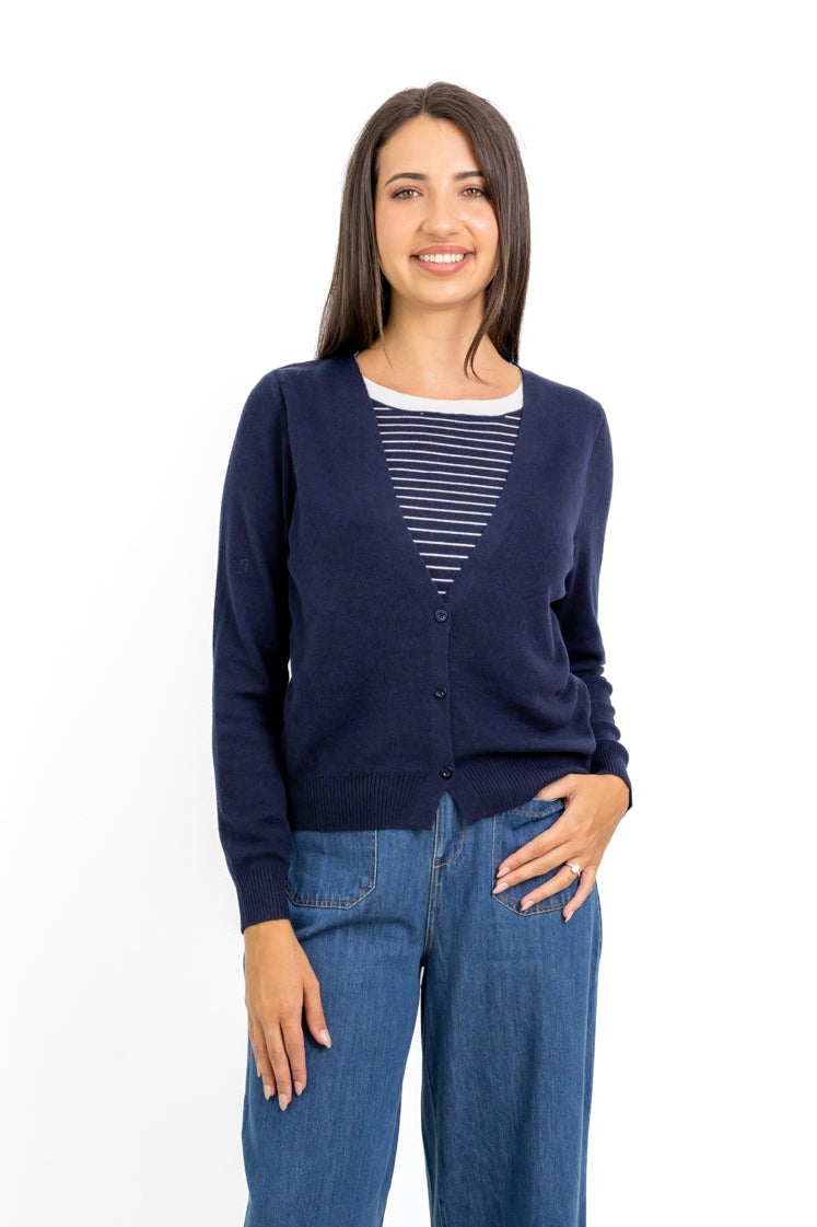 Carson - Navy Mock Cardi with Stripe Inset
