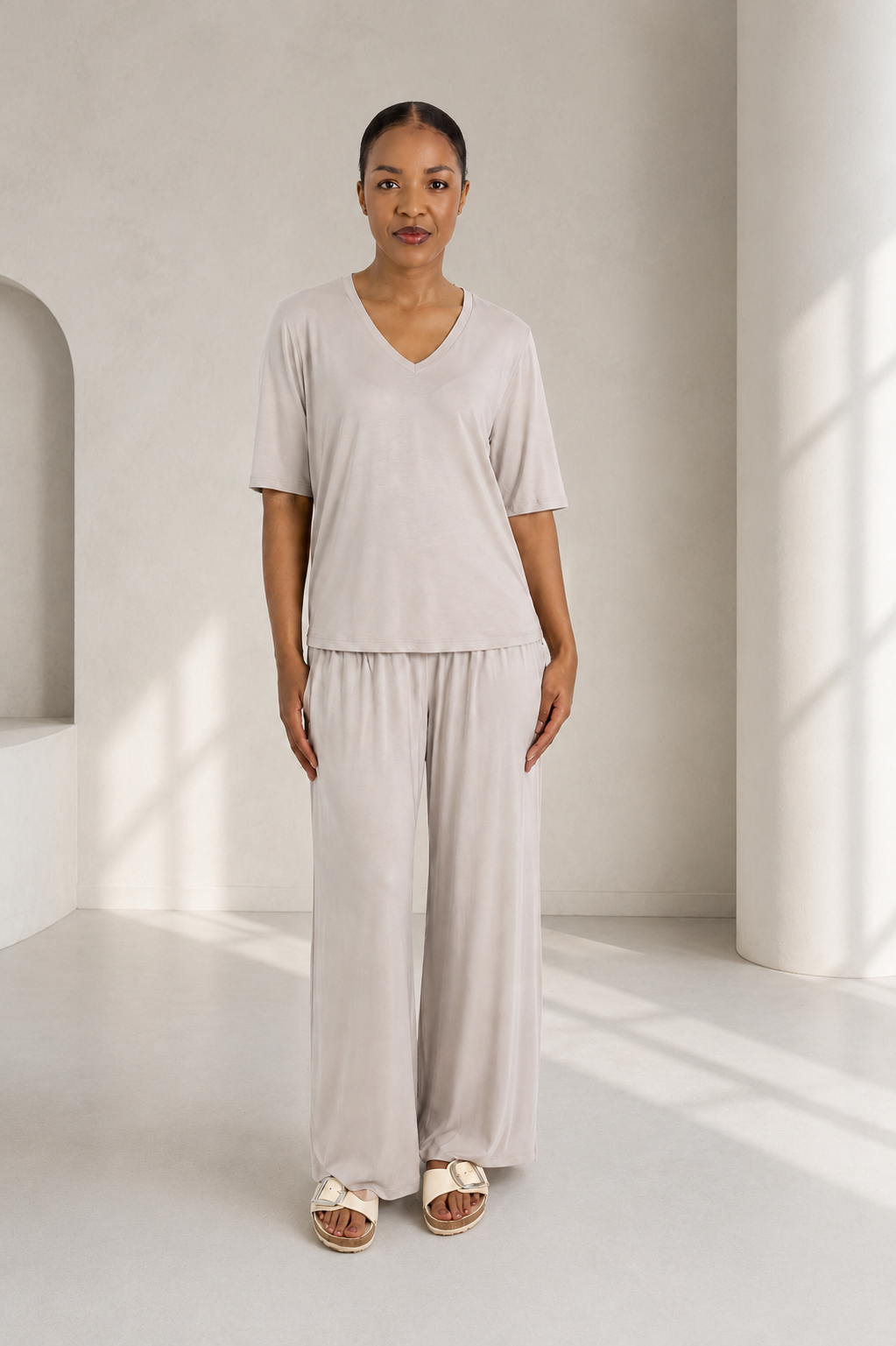 Jenna- V Neck Classic Tee, Stone