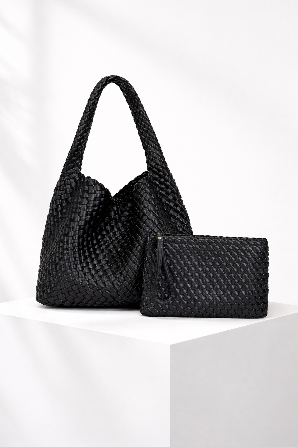 Jourdan - Plaited Vegan Bag with Matching Purse, Black