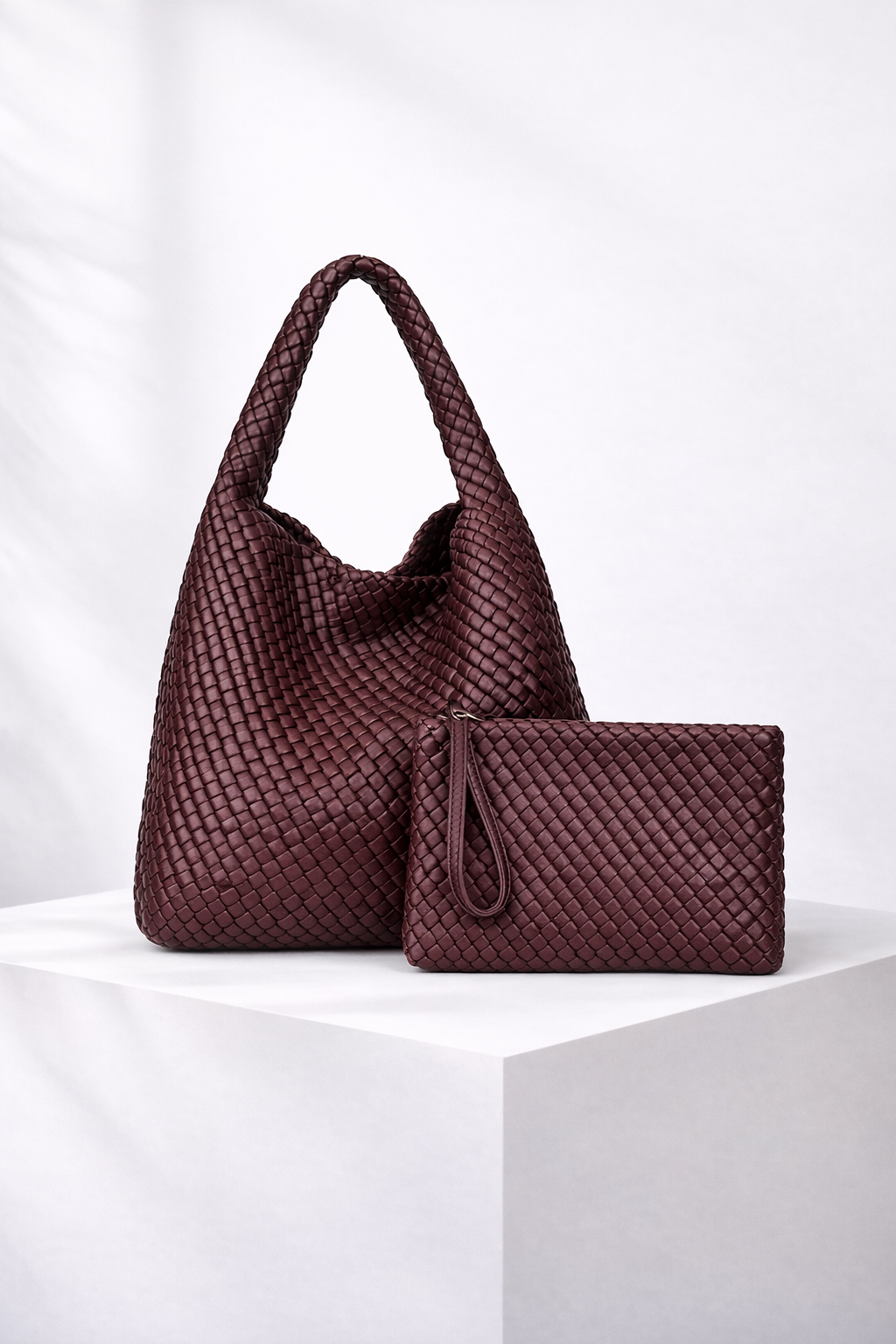 Jourdan - Plaited Vegan Bag with Matching Purse, Bordeaux