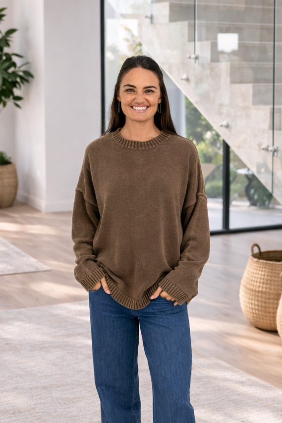 Tivoli - Distressed Cotton Crew Neck, Choc