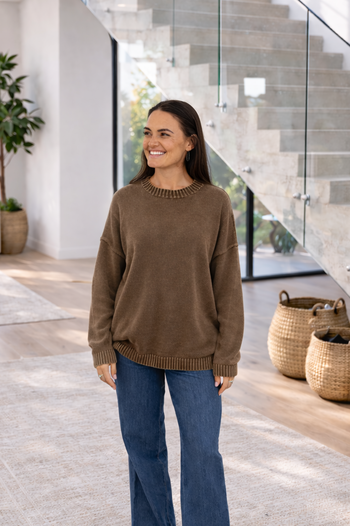 Tivoli - Distressed Cotton Crew Neck, Choc