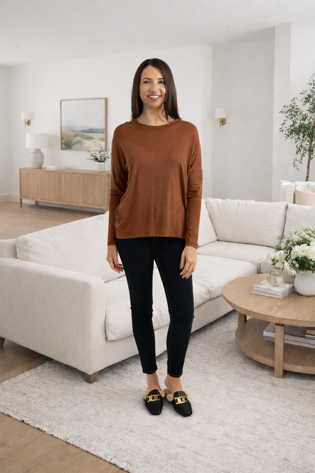 Kitt - Classic Long Line Tee with Back Seam, Tobacco