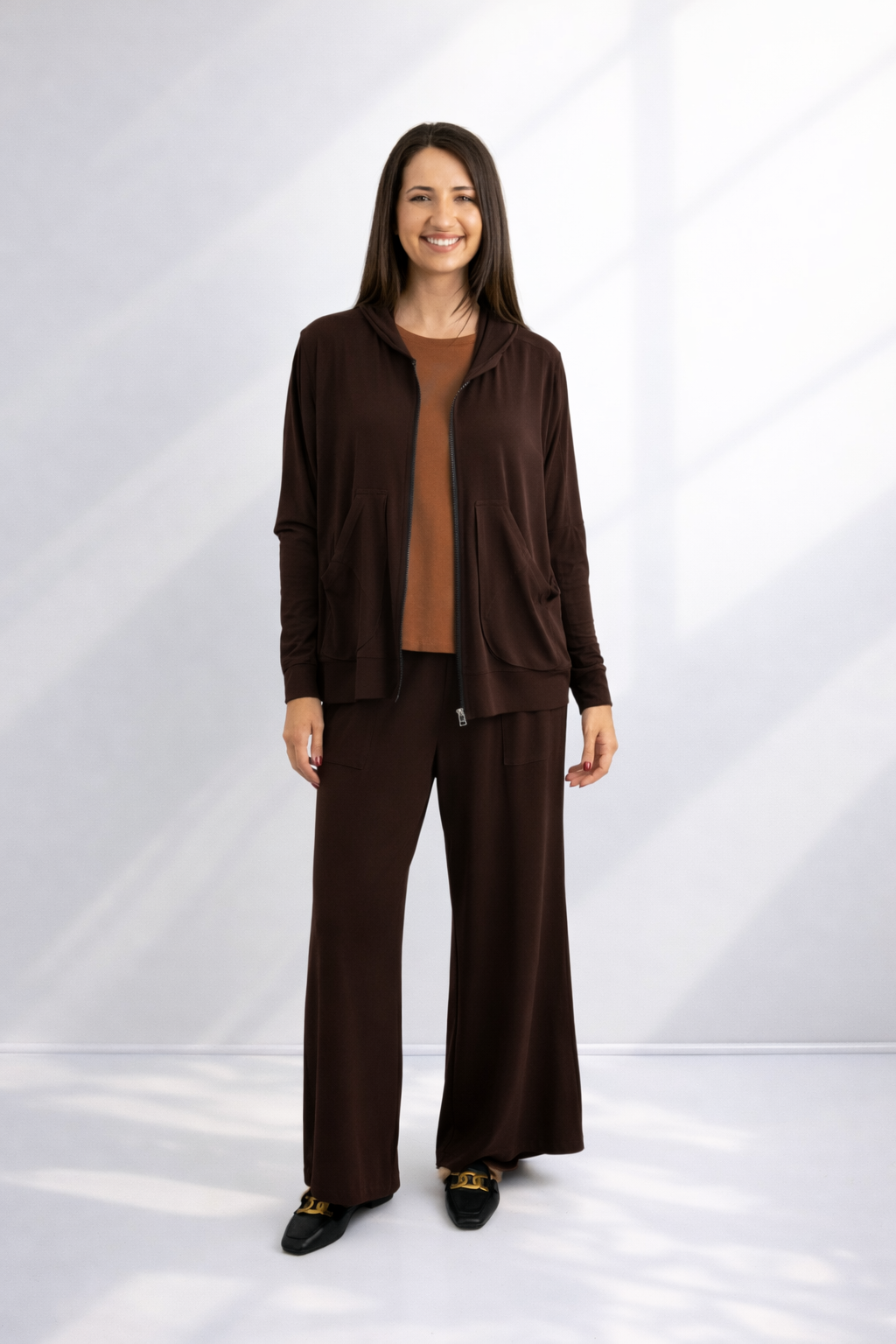 Ella - Wide Leg Pant, Choc Bon Bon with Tape