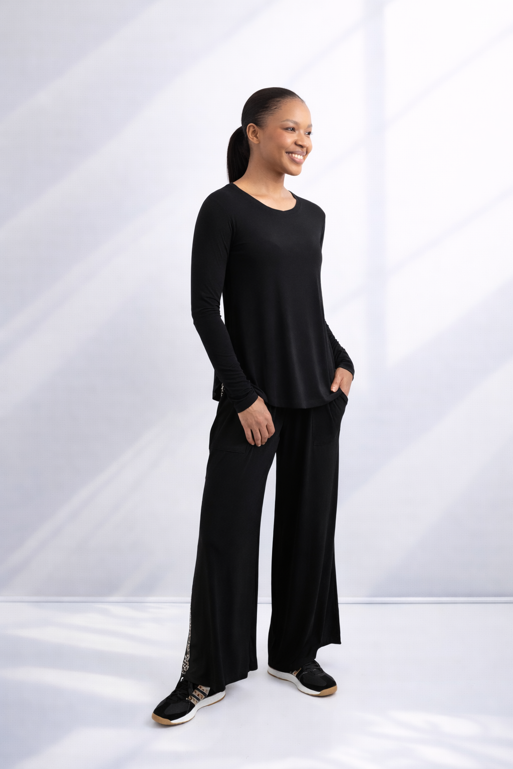Ella - Wide Leg Pant, Black Bon Bon with Tape