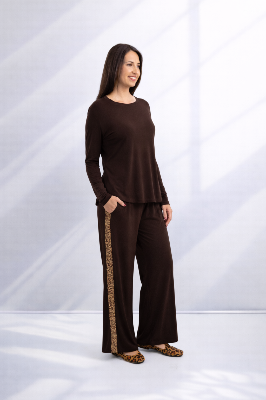 Ella - Wide Leg Pant, Choc Bon Bon with Tape