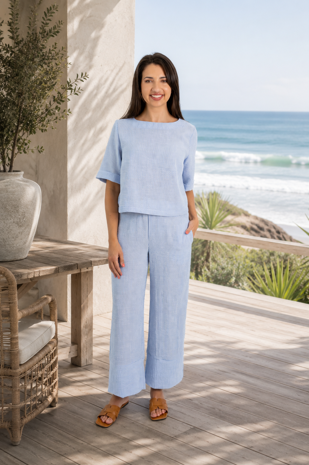 Sydney- Box Shirt with Broad Hem, Blue Bay Stripe