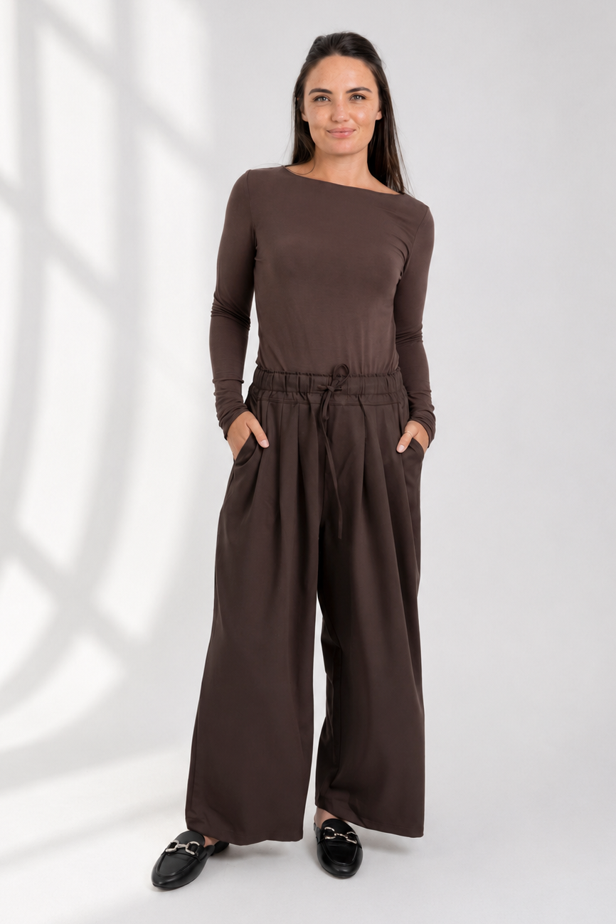Simi - Pleated Styled Pant with Drawstring, Chocolate