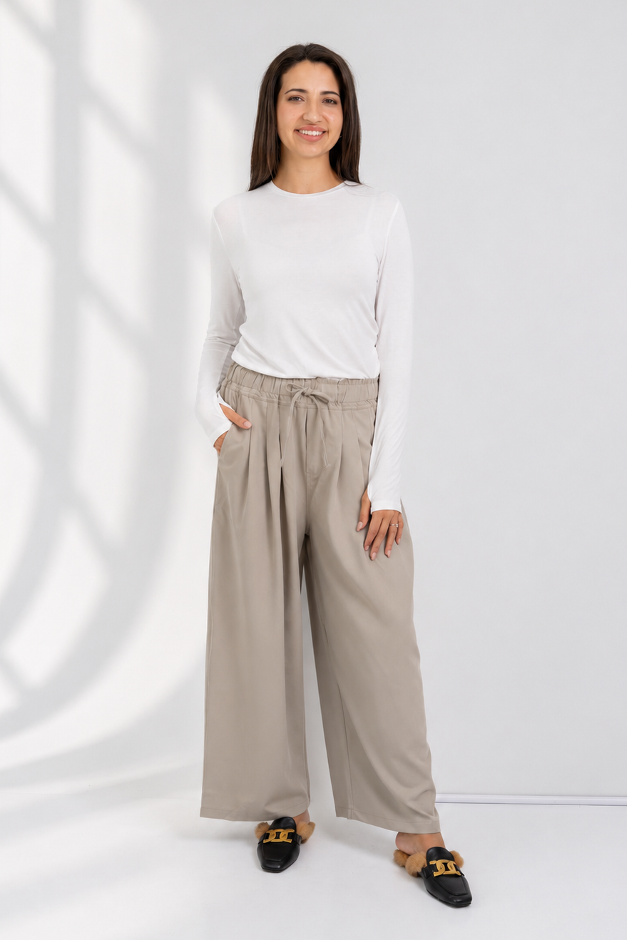 Simi - Pleated Styled Pant with Drawstring, Stone