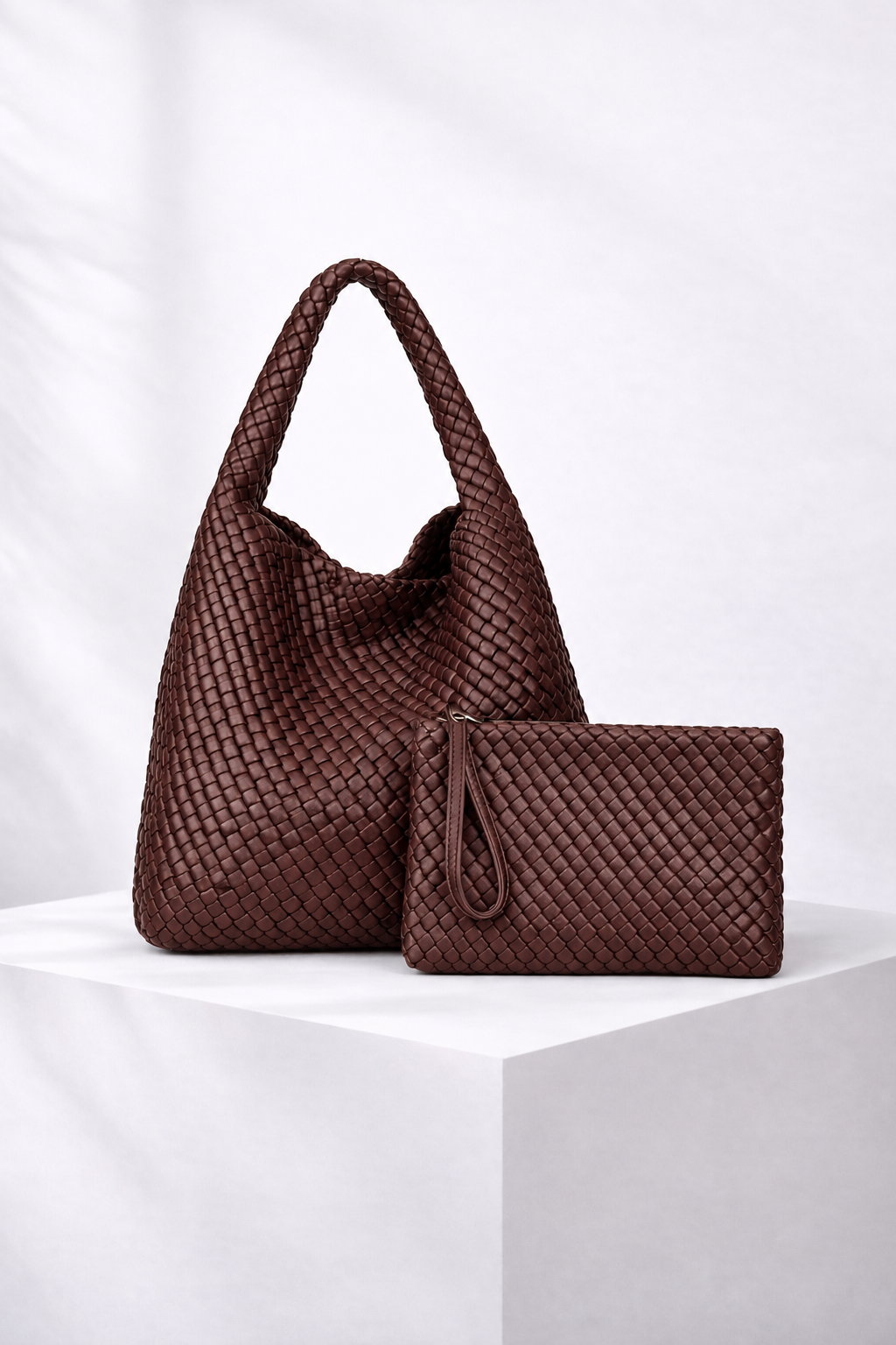 Jourdan - Plaited Vegan Bag with Matching Purse, Chocolate