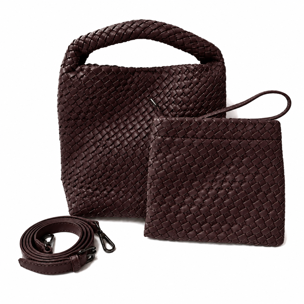 Mia - Plaited Vegan Bag with Matching Purse, Chocolate
