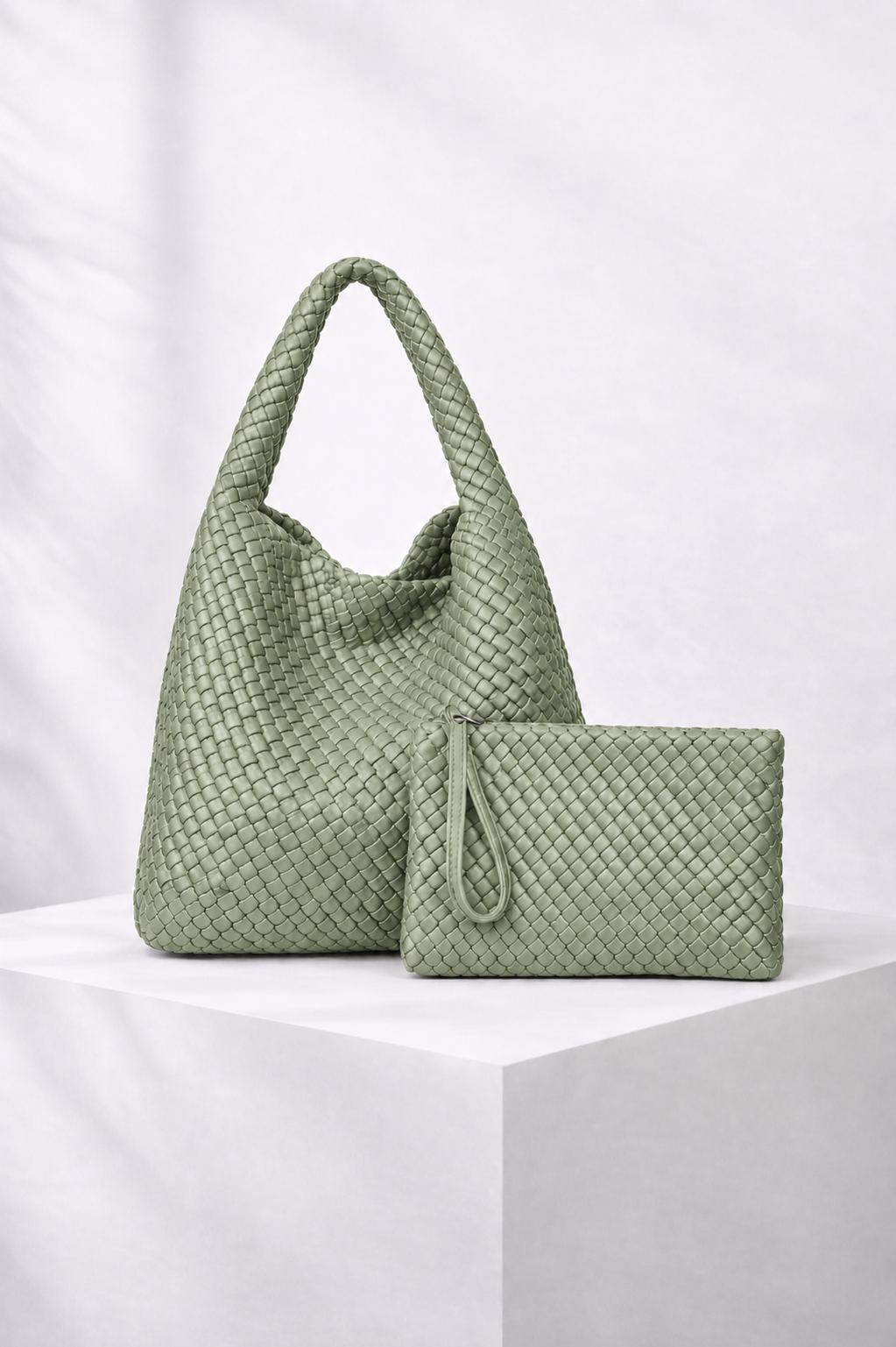 Jourdan - Plaited Vegan Bag with Matching Purse, Sage