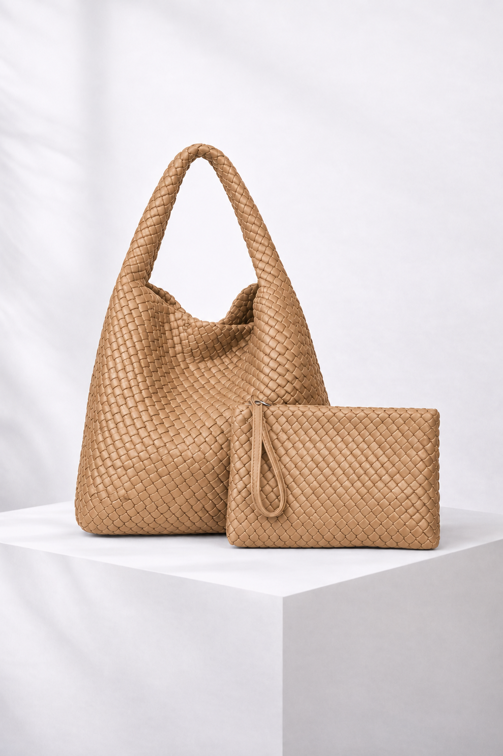 Jourdan - Plaited Vegan Bag with Matching Purse, Tan