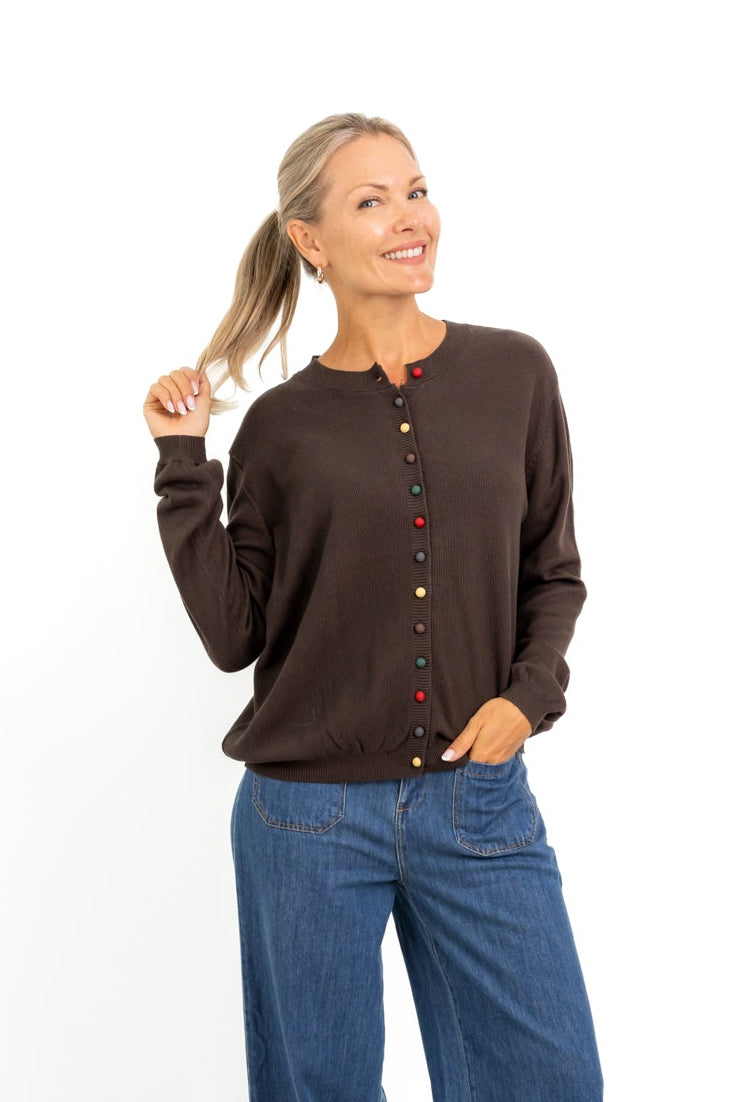 Glendale - Multicolour Button Cardi, Chocolate