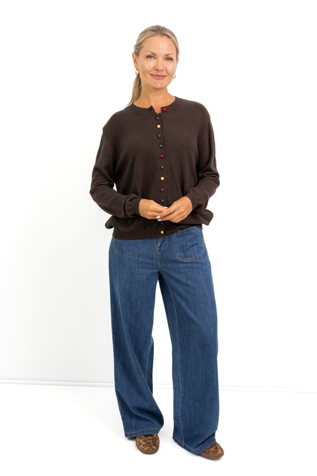 Glendale - Multicolour Button Cardi, Chocolate