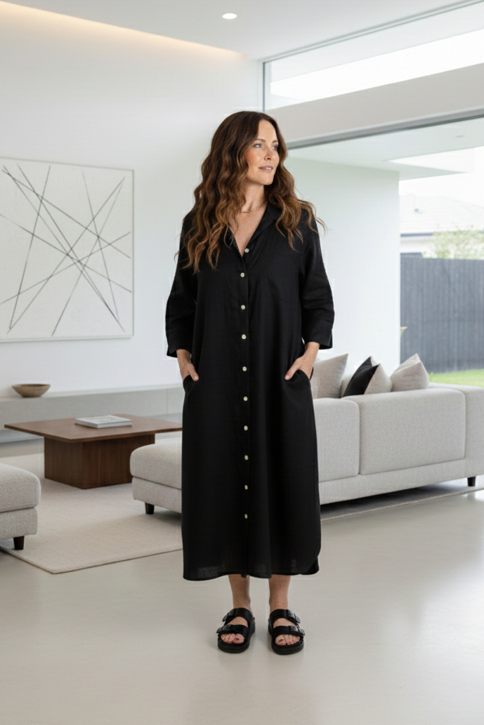 Giselle - Flax Linen Shirt Dress, Black