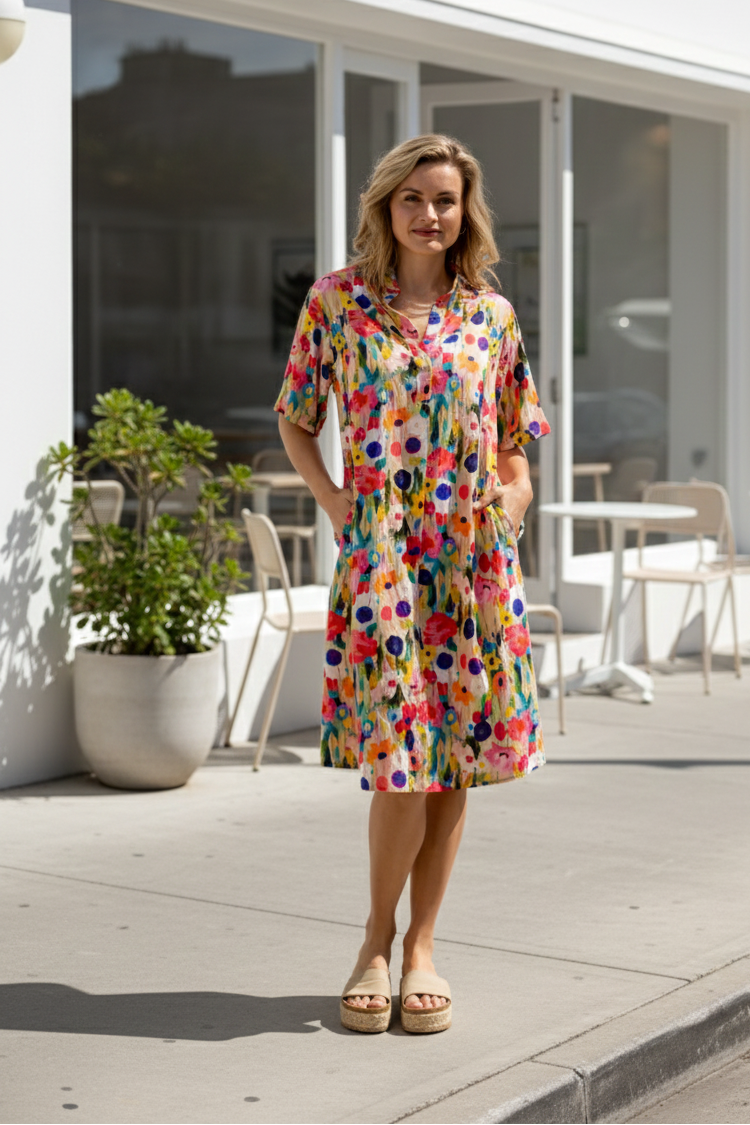 Merissa - Easy Mandarin Dress, Floral Fields