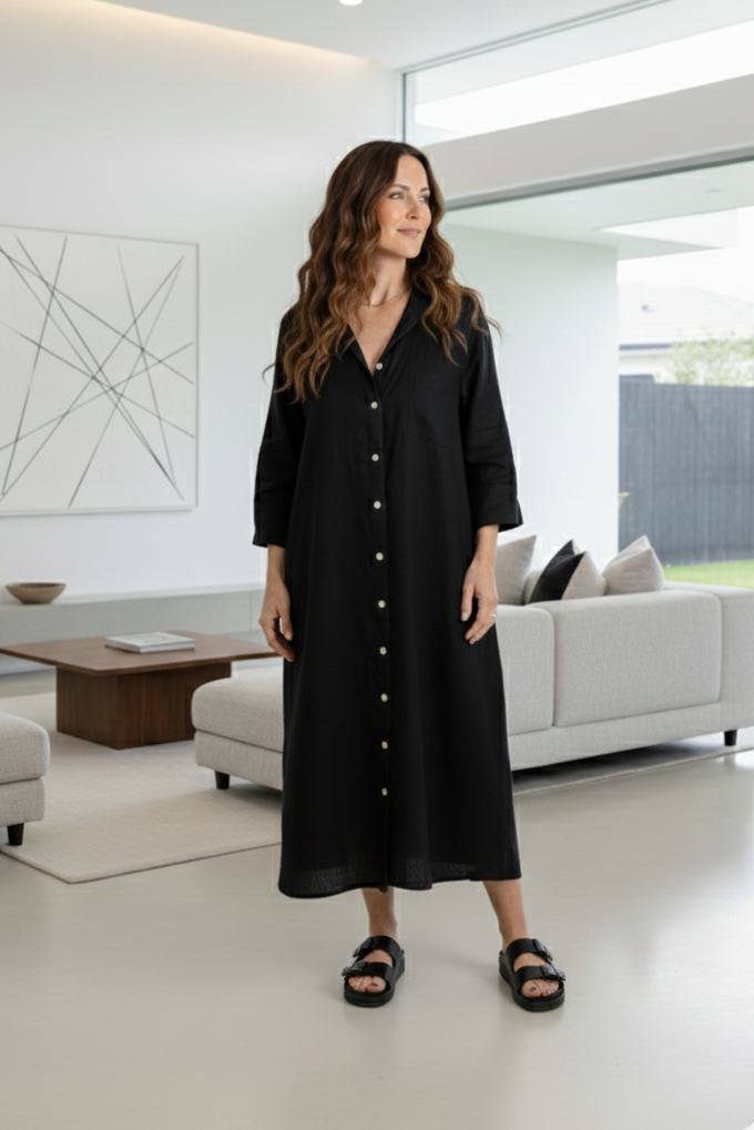Giselle - Flax Linen Shirt Dress, Black