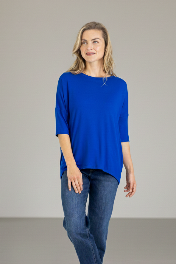 Chloe - Classic Long Line Tee with Back Seam, Azure Blue