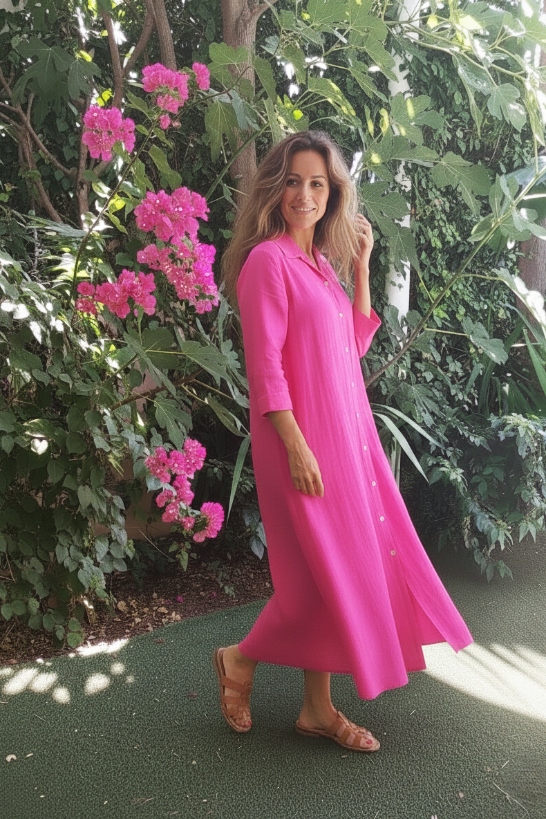 Giselle - 100% Linen Shirt Dress, Cerise