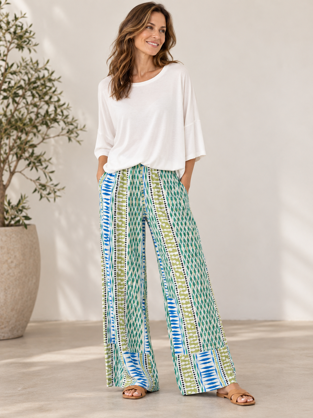 Hailey- Soft Wide Leg Pants, Aegean Lines